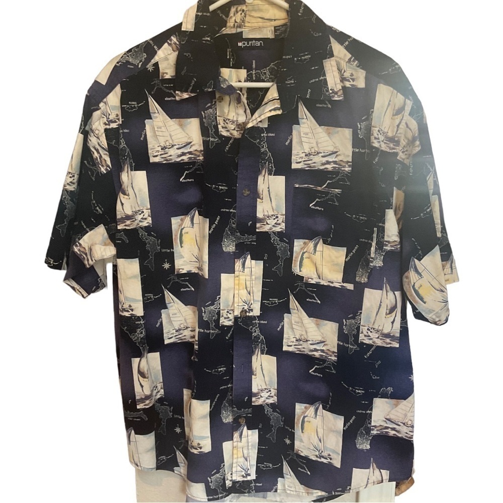 PURITANS MENS BLUE SAILBOAT SHIRT SIZE L